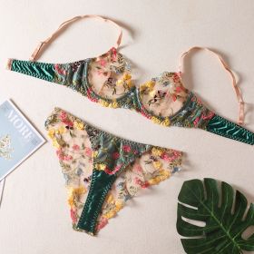 Small Floral Color Matching Bra Briefs Set With Steel Ring (Option: Green-S)