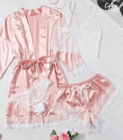 Lingerie Satin Pink Striped Coat Lace Bra Underwear Four-piece Set (Option: Pink-M)