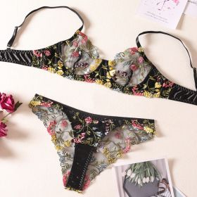 Small Floral Color Matching Bra Briefs Set With Steel Ring (Option: Black-S)