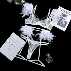 Lace Feather Eyelash Underwear Four Three-piece Set (Option: White-S)