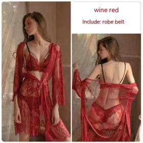 Transparent Lace Thin Pajamas Gathered Together (Option: Red robebelt-One size)