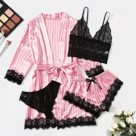 Lingerie Satin Pink Striped Coat Lace Bra Underwear Four-piece Set (Option: Striped Black-S)