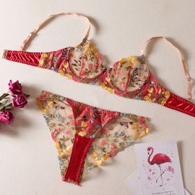 Small Floral Color Matching Bra Briefs Set With Steel Ring (Option: Red-S)