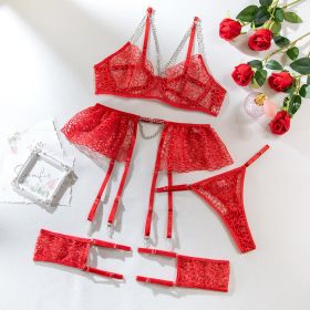 Metal Chain Strap Leg Circumference Steel Ring Sexy Underwear Four-piece Set (Option: Red-S)