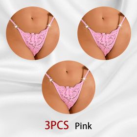 Women's Thong Lace Hollowed Out Mesh Gauze Panties Women's Traceless Panties (Option: Pink-L-3PCS)