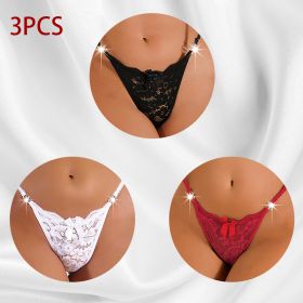 Women's Thong Lace Hollowed Out Mesh Gauze Panties Women's Traceless Panties (Option: Black white red-XS-3PCS)