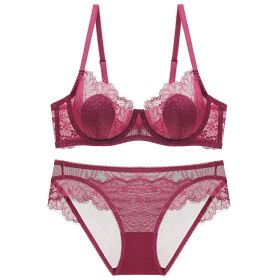 Lace Thin Transparent Bra Women's Underwear Plus Size Suit (Option: Wine Red-70A)