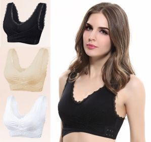 Front Cross Side Buckle Underwear Gathered Lace No Steel Ring Sports Bra Running Yoga Shockproof Vest Women (Option: A-2XL-3pcs)