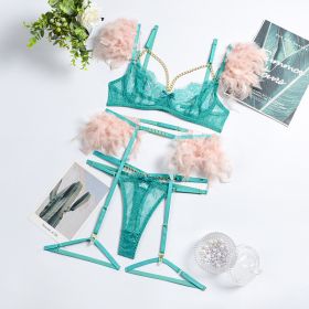 Lace Feather Eyelash Underwear Four Three-piece Set (Option: Pink And Green-S)