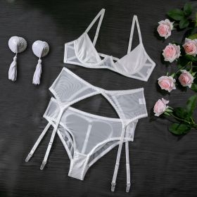 Pink Breast-exposed Hip Sexy Lingerie Three-piece Set New Hollow-out Beautiful Style Hip-exposed Hot (Option: White Breast Pad-S)