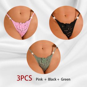 Women's Thong Lace Hollowed Out Mesh Gauze Panties Women's Traceless Panties (Option: Pink black green-L-3PCS)