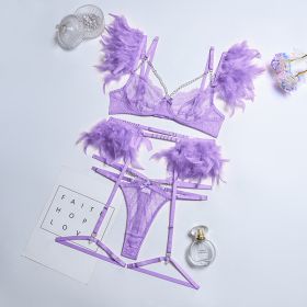 Lace Feather Eyelash Underwear Four Three-piece Set (Option: Purple-S)