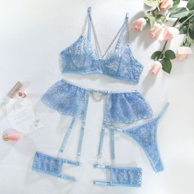 Metal Chain Strap Leg Circumference Steel Ring Sexy Underwear Four-piece Set (Option: Sky Blue-S)