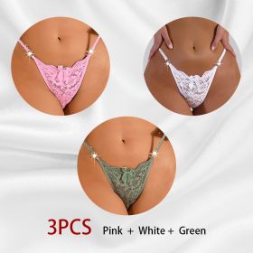 Women's Thong Lace Hollowed Out Mesh Gauze Panties Women's Traceless Panties (Option: Pink white green-S-3PCS)