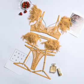 Lace Feather Eyelash Underwear Four Three-piece Set (Option: Khaki-S)