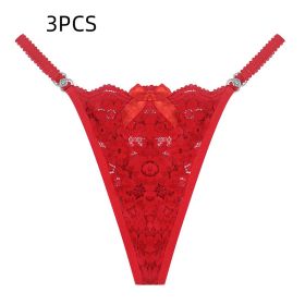 Women's Thong Lace Hollowed Out Mesh Gauze Panties Women's Traceless Panties (Option: Red-XS-3PCS)