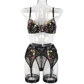 Three-piece Summer New Embroidered Flower Vine Fashion Underwear Set (Option: Black-S)