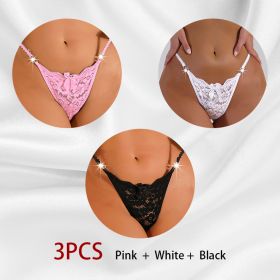 Women's Thong Lace Hollowed Out Mesh Gauze Panties Women's Traceless Panties (Option: Pink white black-L-3PCS)