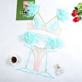 Lace Feather Eyelash Underwear Four Three-piece Set (Option: Blue Pink-M)