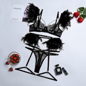 Lace Feather Eyelash Underwear Four Three-piece Set (Option: Black-S)