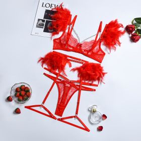 Lace Feather Eyelash Underwear Four Three-piece Set (Option: Red-M)