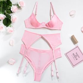 Pink Breast-exposed Hip Sexy Lingerie Three-piece Set New Hollow-out Beautiful Style Hip-exposed Hot (Option: Pink-M)