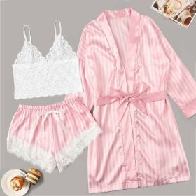 Lingerie Satin Pink Striped Coat Lace Bra Underwear Four-piece Set (Option: White Striped-XXL)