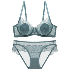 Lace Thin Transparent Bra Women's Underwear Plus Size Suit (Option: Gray Blue-80D)