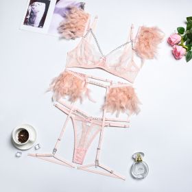 Lace Feather Eyelash Underwear Four Three-piece Set (Option: Pink-M)